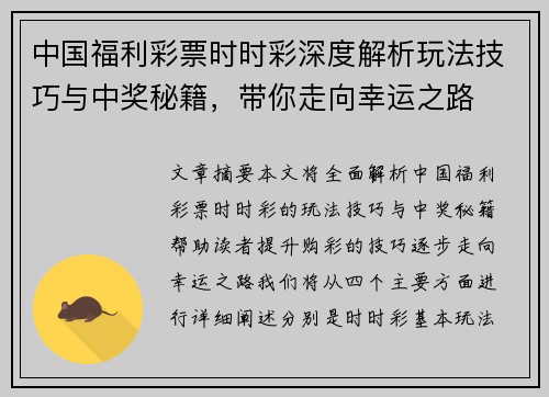 中国福利彩票时时彩深度解析玩法技巧与中奖秘籍，带你走向幸运之路