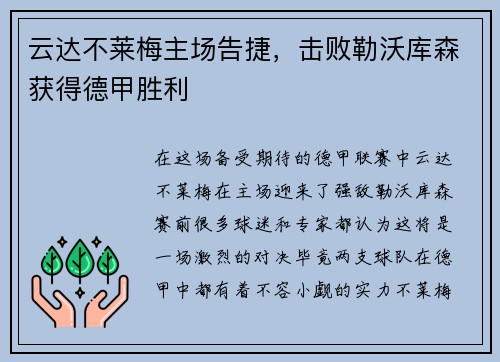 云达不莱梅主场告捷，击败勒沃库森获得德甲胜利