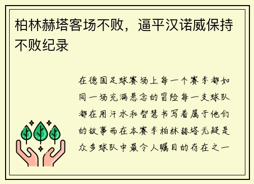 柏林赫塔客场不败，逼平汉诺威保持不败纪录