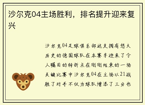 沙尔克04主场胜利，排名提升迎来复兴